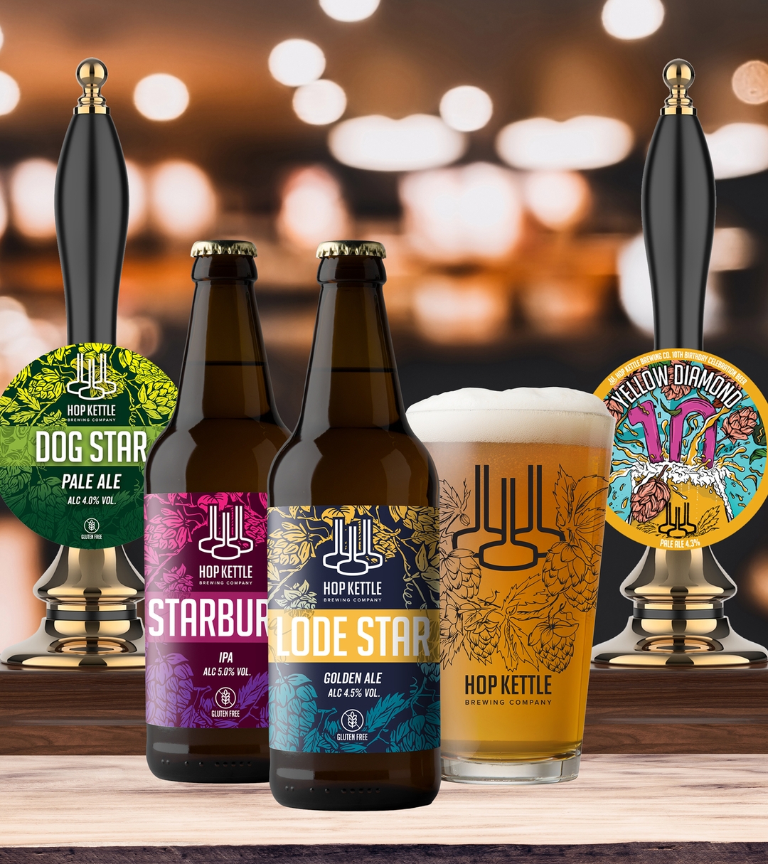branded beer bottles and hand pull