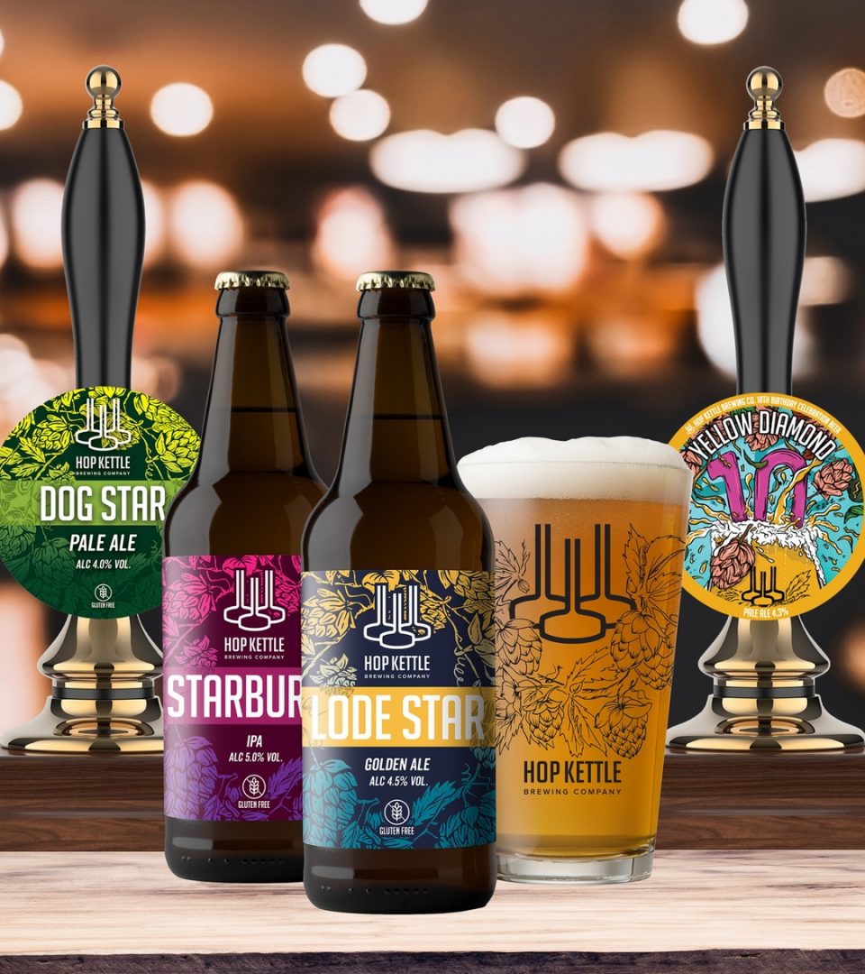 branded beer bottles and hand pull